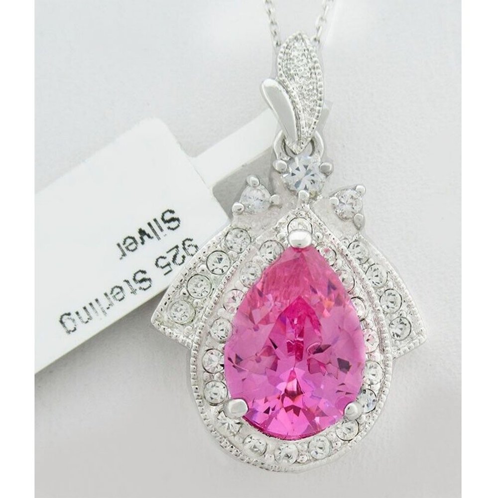 Pink Topaz 8.50 Cts & White Sapphire Pendant Necklace .925 Silver